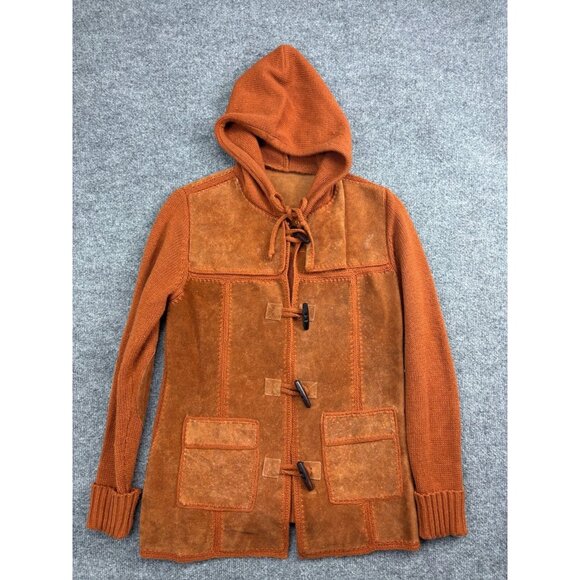 Vintage Leather Jacket Women's M Rust Brown Hooded Pockets Knit Toggle Closure - Picture 1 of 5